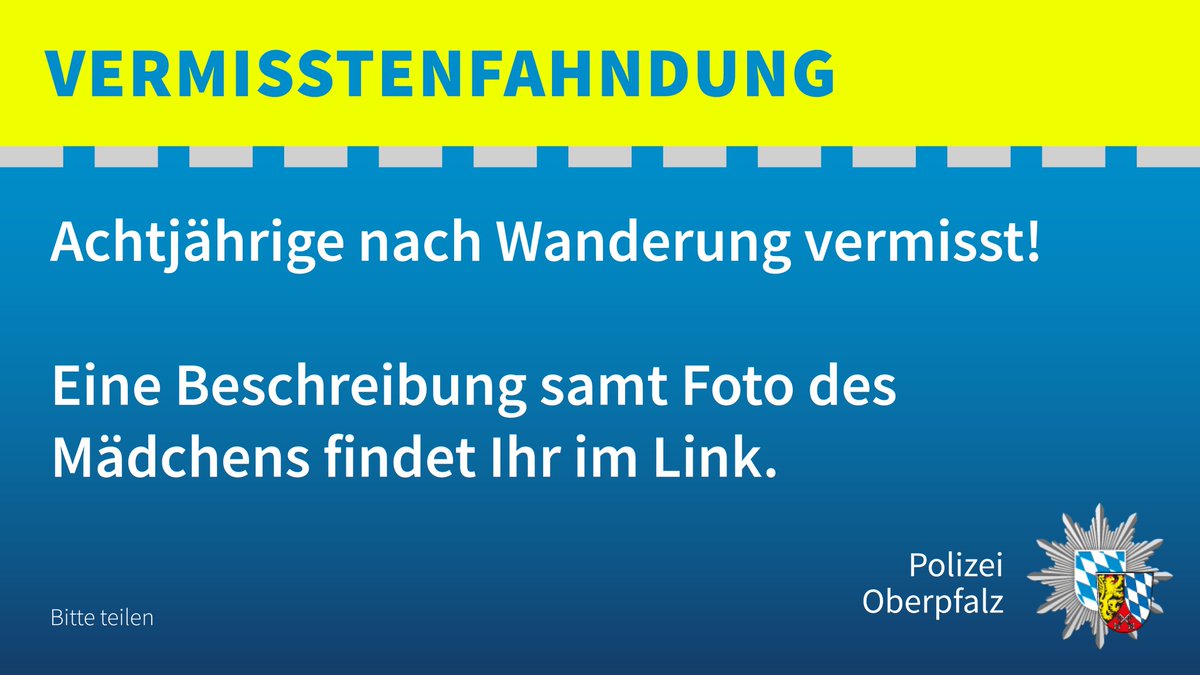 +++ Öffentlichkeitsfahndung +++

Kind nach Wanderung auf tschechischem Hoheitsgebiet vermisst.

Wer hat die Vermisste gesehen?

Eine Beschreibung samt Foto des Mädchens findet Ihr hier:

polizei.bayern.de/oberpfalz/fahn…

Hinweise nimmt der Polizeinotruf 110 entgegen.