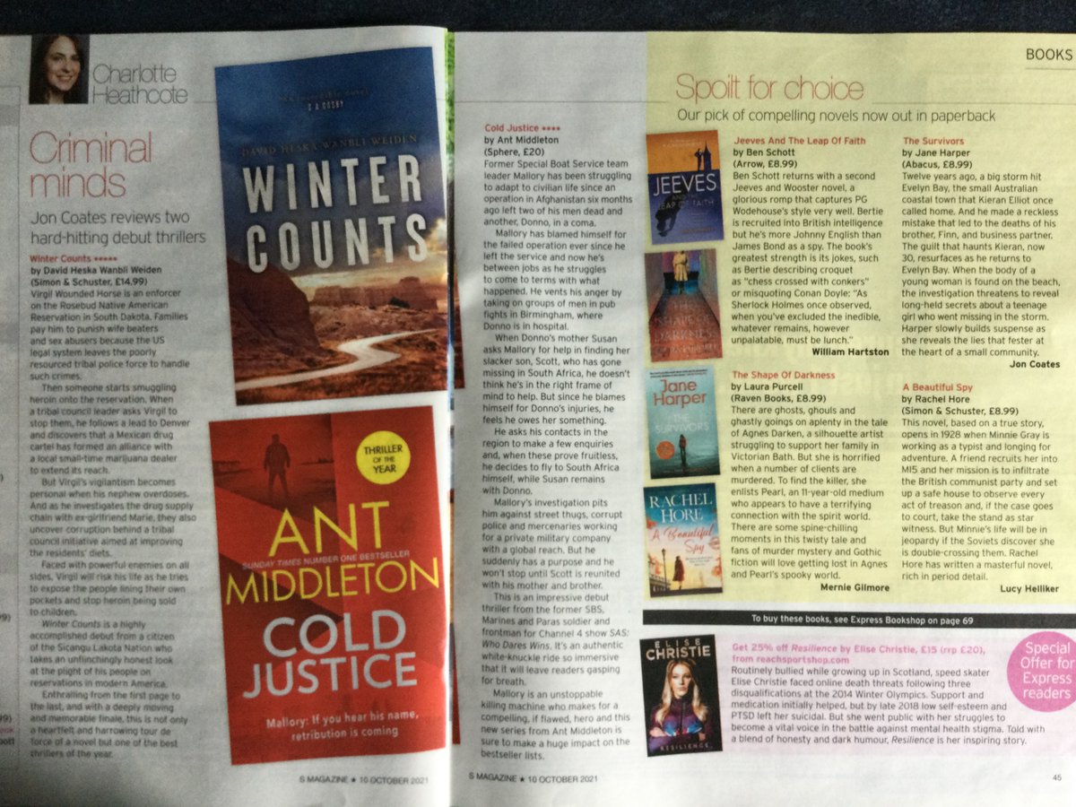 joncoates73's tweet photo. Here are my latest reviews of two brilliant debuts #WinterCounts by @WanbliWeiden and #ColdJustice by @antmiddleton in #SMagazine in yesterday’s #SundayExpress, with paperback reviews of @janeharperautho @spookypurcell @Rachelhore and #BenSchott by myself and colleagues https://t.co/HyiSmBJ71n