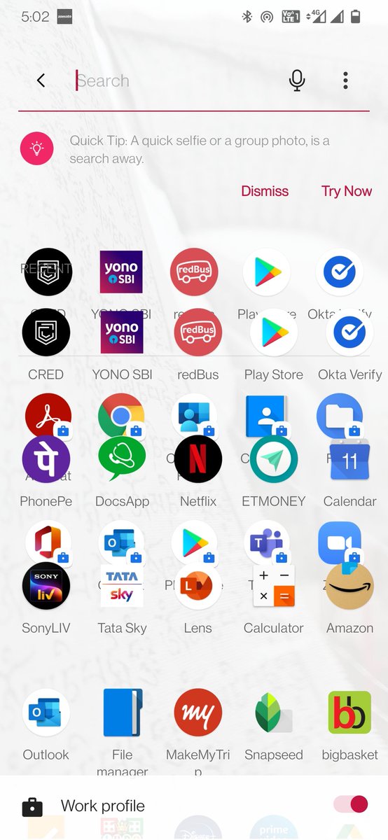 satisayan's tweet photo. with work profile one plus has this issue .. app icons overlap while opening the application tray..@oneplus @OnePlus_IN #bug https://t.co/2qYVqDZ1DT