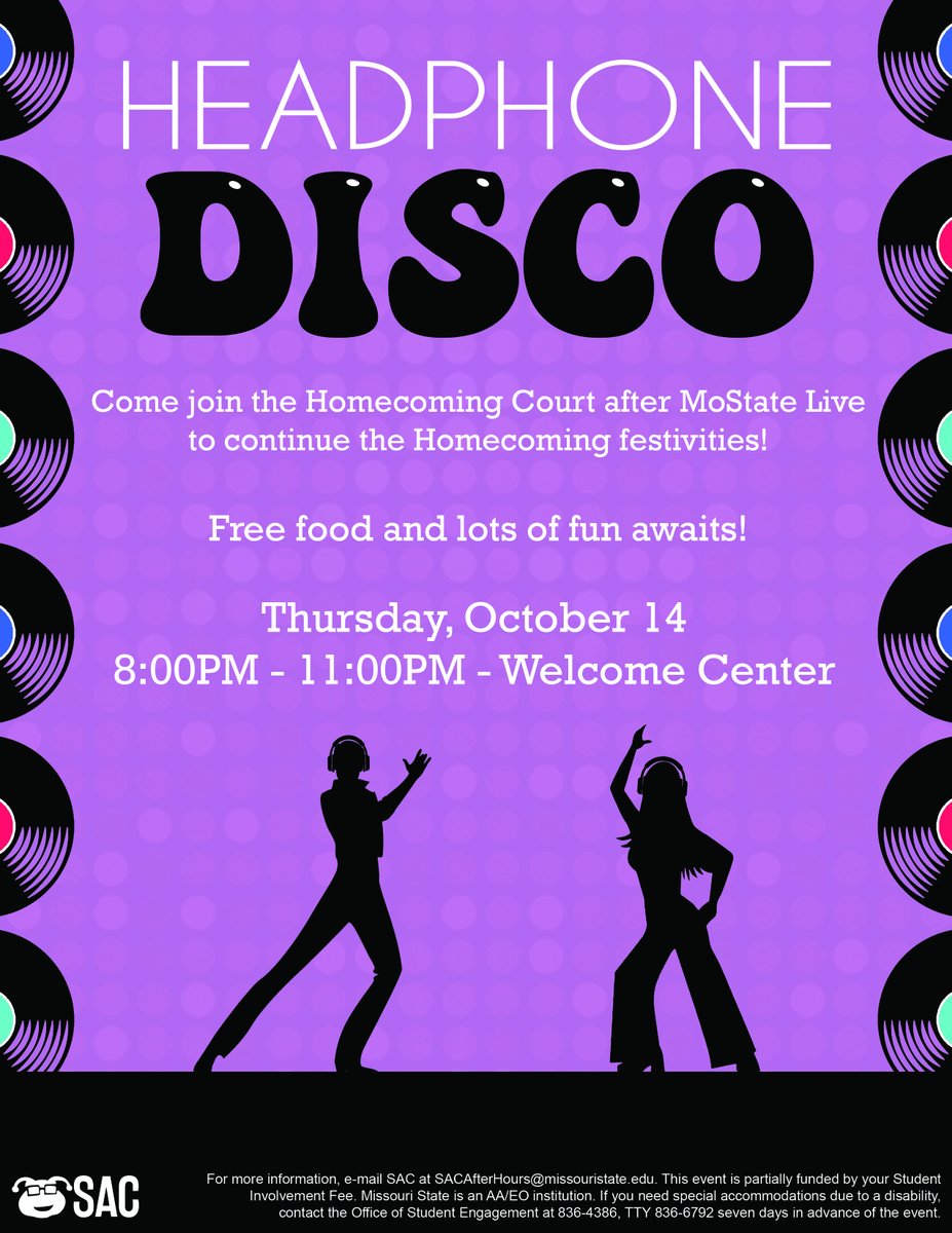 BearsFamilies's tweet photo. @MOStateSAC has you covered for things to do this week! Check out all their events including Headphone Disco, National Dessert Day (#FlatBoomer will definitely be there), High School Musical 2 & Breaking BEARRIERS, a discussion of domestic violence awareness. @myharmonyhouse https://t.co/I47YkLuczd
