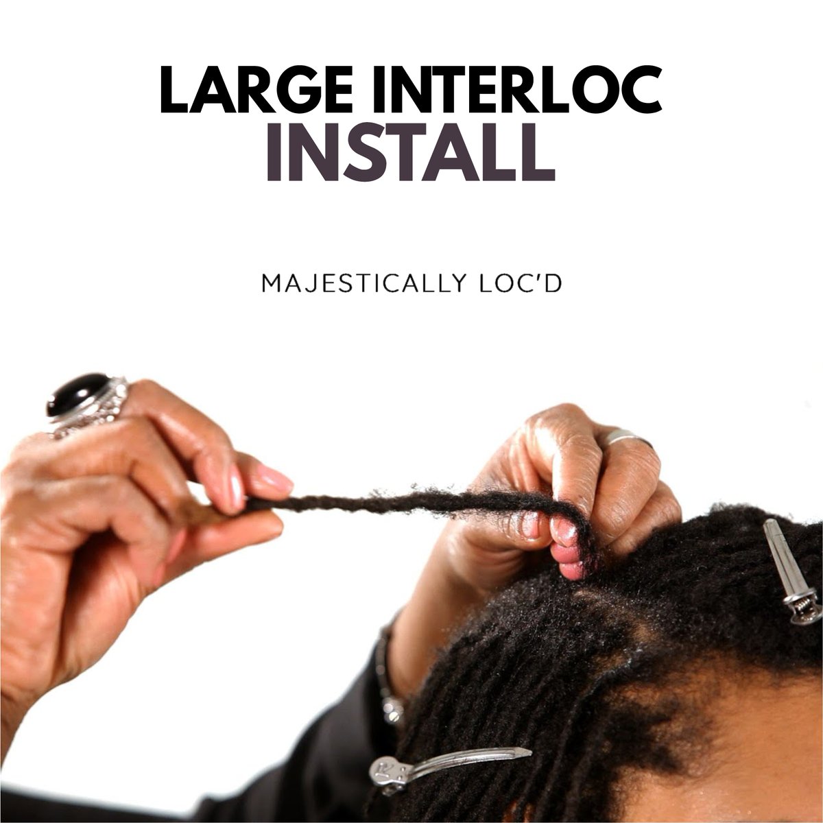 Large Interlocs are larger uniform locs that are installed via freeform by grabbing parts of the hair and starting a locking method, parting hair for a cleaner look. Like Sisterlocs, a tool is used to place the hair into its loc formation.
.
#majesticallylocd #hairrestoration