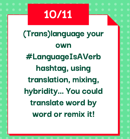 Welcome to Day 1 of #LanguageIsAVerb! 

Today, we are languaging the hashtag in our own hybrid, fluid, moving multilingual ways. You can sign, visualize, (re)mix, conceptualize, translate... You name it! And while you share in ANY modality, what does the hashtag mean to you?⬇️