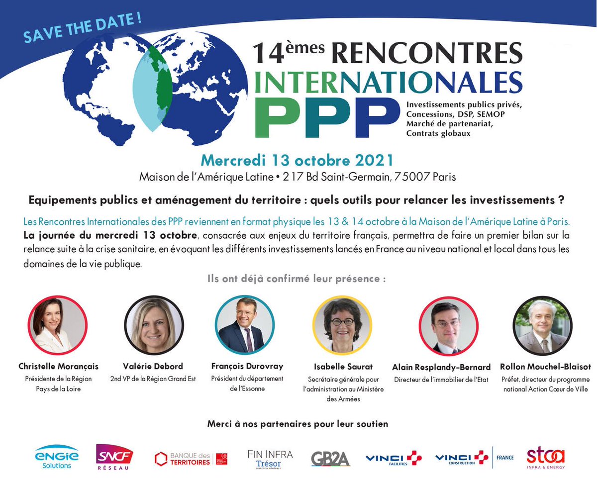 #lrippp 14èmes Rencontres Internationales des PPP 

J-3 🔎 Retrouvez-nous le mercredi 13 octobre prochain à la Maison de l'Amérique Latine à Paris pour une journée consacrée aux enjeux français

👉 Pour s'inscrire et visualiser le programme : lnkd.in/d3q7CB5G