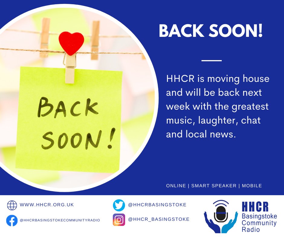 HHCRBasingstoke's tweet photo. No need to panic, we are just moving house and will be back on air very soon....keep listening in as we will continue to play you great music with our wonderful presenters back on air from next week. https://t.co/s1Fkn3d0nt