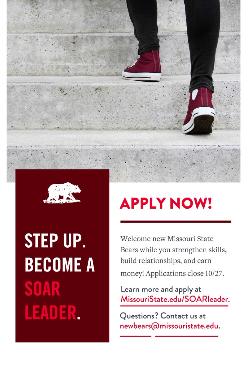 Apply to be a SOAR Leader today! It's a great leadership opportunity besides being a job. The benefits are great! Plus you welcome our new students &amp; their family members to <a href="/MissouriState/">Missouri State</a> &amp; help with their transition to college! Win-Win for everyone. missouristate.edu/NewBears/becom…