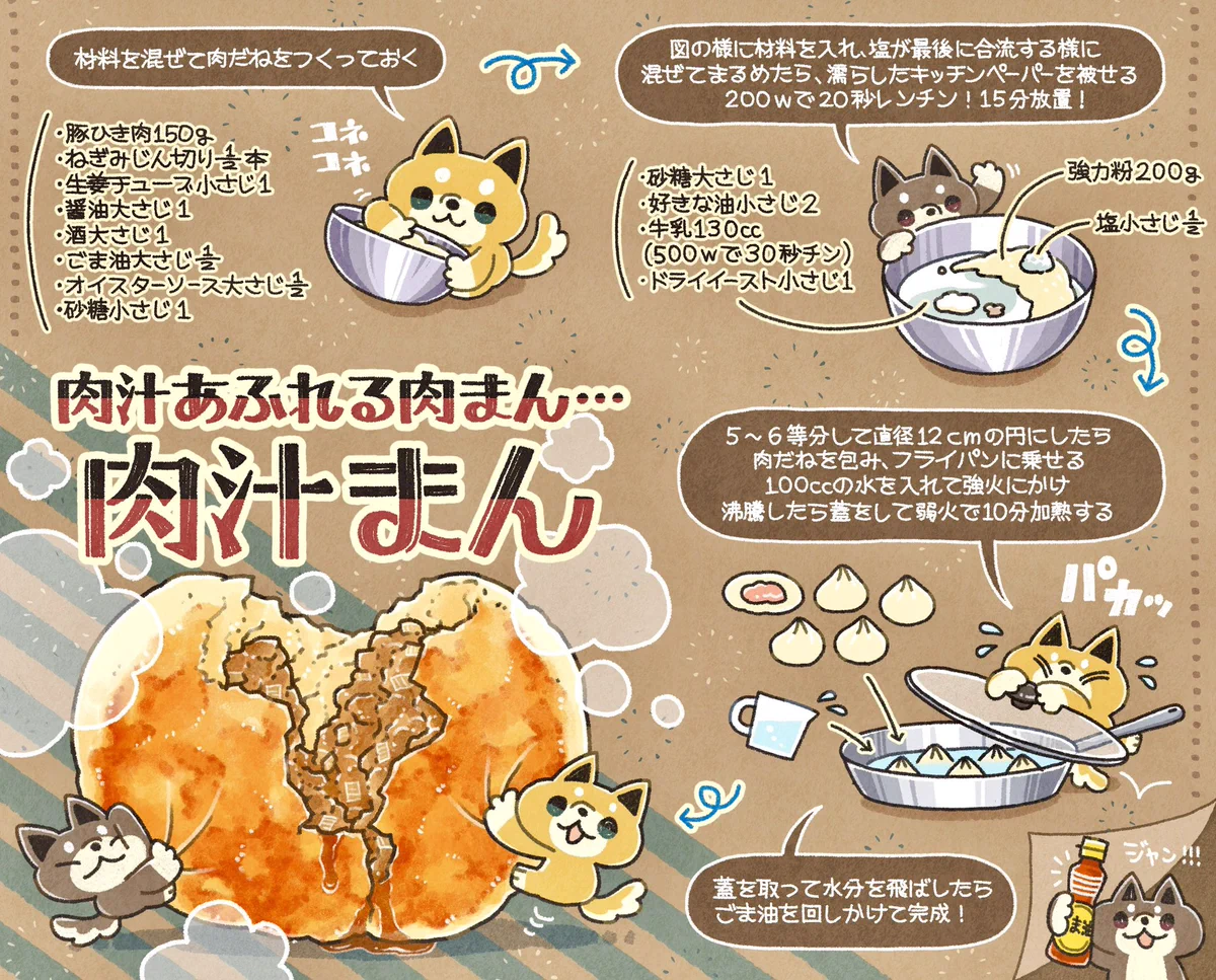 この肉汁あふれる肉まん！最後にごま油垂らすのがアクセント‼