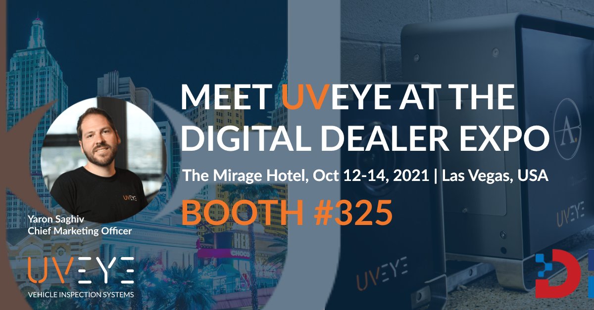 teamuveye's tweet photo. Meet us TOMORROW at the @DigitalDealer Expo in the @MirageHotels, #Vegas.

#TeamUVeye will be showcasing in Booth #325, revealing the benefits of automated #vehicleinspection for #cardealerships, #fleets &amp; #auctionsites.

#uveye #digitaldealer #digitaldealer2021 #ai #automotive https://t.co/LOy94qPcTN