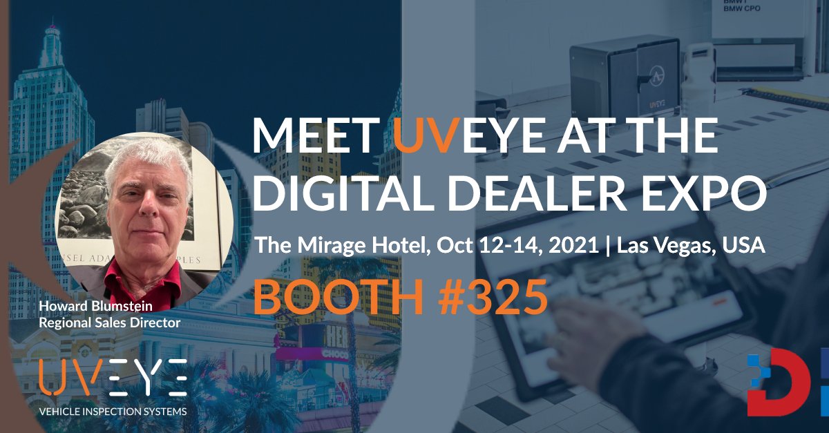 teamuveye's tweet photo. Meet us TOMORROW at the @DigitalDealer Expo in the @MirageHotels, #Vegas.

#TeamUVeye will be showcasing in Booth #325, revealing the benefits of automated #vehicleinspection for #cardealerships, #fleets &amp; #auctionsites.

#uveye #digitaldealer #digitaldealer2021 #ai #automotive https://t.co/LOy94qPcTN