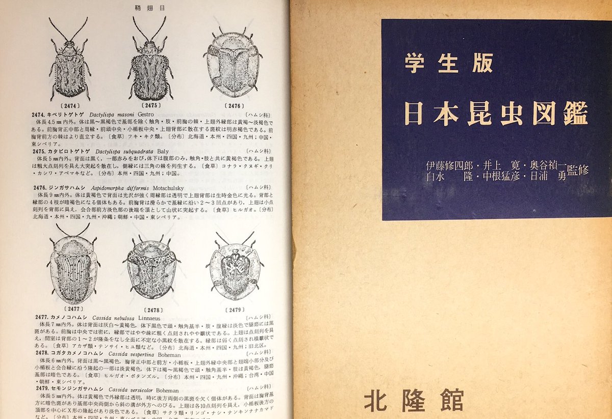 昔、大好きだった昆虫の名前、トゲトゲ。今はトゲハムシに名前変わった。陣笠葉虫も好き。あとやっぱりドウガネブイブイ。
画像は、同居者が高校生の時使っていた北隆館の図鑑(昭和54年)と、私が小学生の時最初に買ってもらった小学館の図鑑(昭和48年)。
#素敵な生物名 