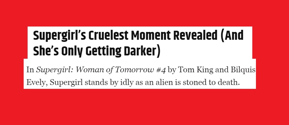 2021Dodds's tweet photo. #Supergirl &amp; #Heroic Values. Tom King is a creative writer, whether or not you like it (I think it's horrible.) Let #TomKing write #Elseworlds stories. But keep @TomKingTK's writing out of @DCComics canon; stop using @CIA "values" to destroy #hero values https://t.co/goqYiJHBqL https://t.co/mX8MEV8WHO