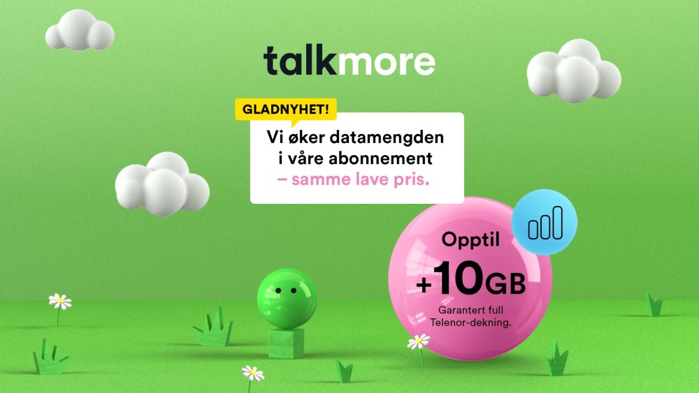 Talkmore_Presse's tweet photo. Gladnyhet! Talkmore øker igjen datamengden på en rekke abonnement, og gir dermed kundene en enda lavere pris per GB. Og det gjelder selvsagt også for eksisterende kunder!  https://t.co/EExISYWjgr https://t.co/paxIAByi5T