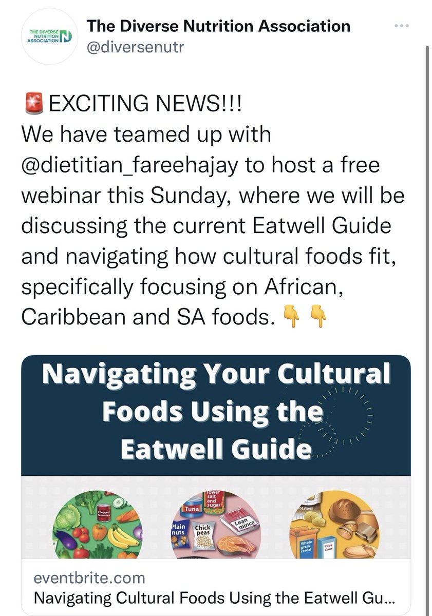 FareehaJay's tweet image. I have teamed up with @diversenutr to host a webinar on how South Asian , Caribbean and African foods can be incorporated within  the #eatwellguide 
@BDAPublicHealth @PublicHealthEng 
.
To register click on the link
.
eventbrite.com/e/navigating-c…