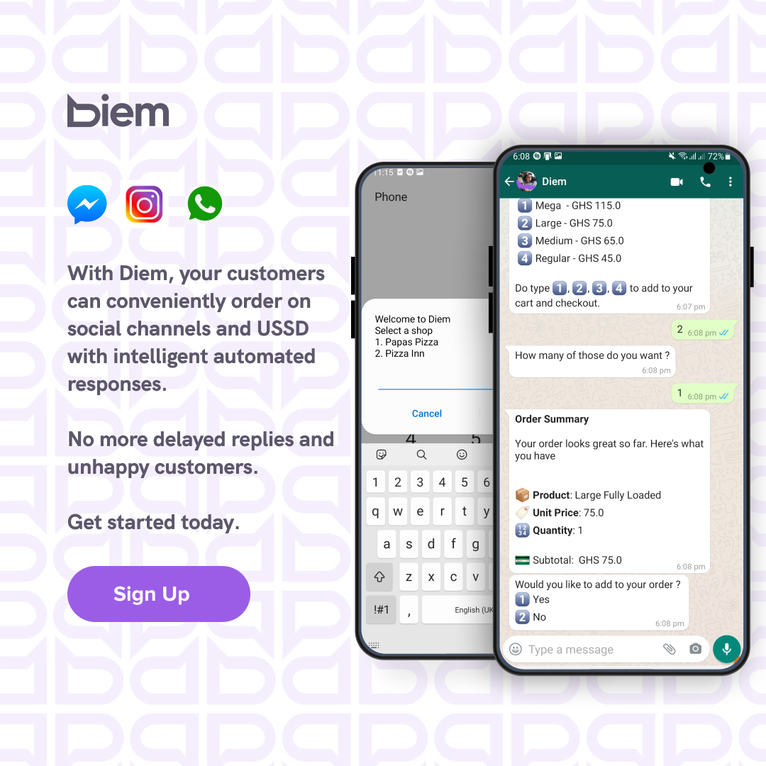 justdiemgh's tweet photo. With Diem, your customers can conveniently order on social channels and USSD with intelligent automated responses. 
No more delayed replies and unhappy customers.
Get started today.

Just dial *844# or WhatsApp 0578440844 to order

#diem #technology #food #ai https://t.co/FAfBXJsG3d
