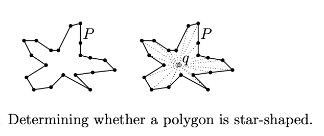 algopuzzles's tweet image. We are given as input the vertices of a polygon P. Determine in near-linear time if P is a star. Specifically, determine if there is a point q inside P such that for every point p on the boundary of P, the line segment pq lies in the interior of P. (Src: David Mount)

#exportober