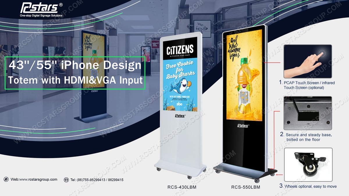 Kaylee Huang (@kaylee_huang_) on Twitter photo 43"/ 55" #iPhone design free standing #kiosks, totem with HDMI & VGA input.
More info: rcstarsgroup.com
Contact: sales12@rcstarsgroup.com (Kaylee)
#digital #digitalsignage #digitaladvertising #lcddisplay #lcddigitalsignage #kiosk 43"/ 55" #iPhone design free standing #kiosks, totem with HDMI & VGA input.
More info: rcstarsgroup.com
Contact: sales12@rcstarsgroup.com (Kaylee)
#digital #digitalsignage #digitaladvertising #lcddisplay #lcddigitalsignage #kiosk