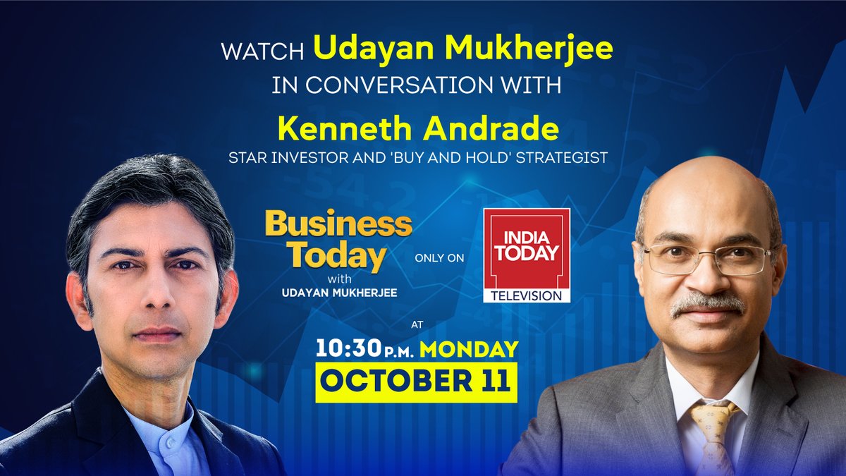 IndiaToday's tweet photo. Catch Udayan Mukherjee in conversation with Kenneth Andrade- Founder &amp; CIO, Oldbridge Capital - A Star investor and 'buy and hold' strategist. Tonight at 10:30pm only on India Today TV

#UdayanMukherjee #KennethAndrade #MarketGuru #Markets #Investor #Business #MarketGuruBT https://t.co/lI4yYDuaXl
