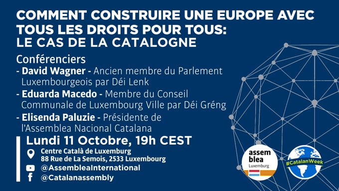 assemblea's tweet image. ⬛️⬜️🌍 Avui, la #CatalanWeek continua amb un acte d'@ANCLux.

▶️ Com construir una Europa amb tots els drets per a tothom: el cas de Catalunya.

🗣 Amb @epaluzie, @darugani2000 i Eduarda Macedo.

🎥 19 h | En directe amb @assemblea_int o @catalanassembly (acte en francès).