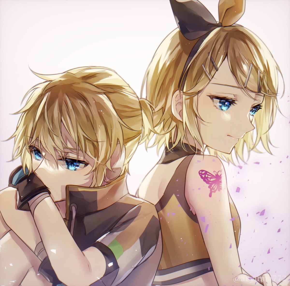 鏡音レン ,鏡音リン 「#prsk_fa #鏡音リン #鏡音レン 

右肩の蝶 」|亜龍のイラスト