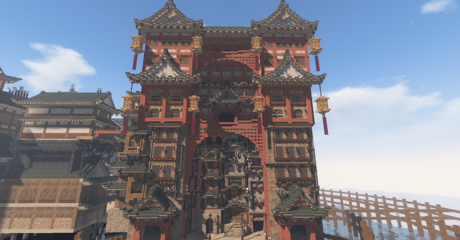もちごめおこめ 和風スチームパンクの街 東の歓楽街のメイン建物です ミニチュリmodの真鍮を使った釣り提灯がとっても気に入ってます 下のごちゃごちゃと上の竜宮感のバランスが良い感じ Minecraft Miniaturia Minecraft建築コミュ マイクラ建築