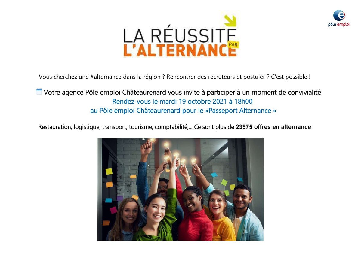 🔵 #PasseportAlternance 📢 Votre agence Pôle emploi #Châteaurenard organise le Mardi 19 octobre à 18h00  "La Réussite par l’Alternance" <a href="/LMercier2b/">Laurent Mercier</a> <a href="/PerezCoste/">Sonia Coste-Perez</a> 
✅ Inscription  ➡ ape.13245@pole-emploi.fr
#OnEstLàPourVous @poleemploi_13   
▶  vu.fr/gLPh