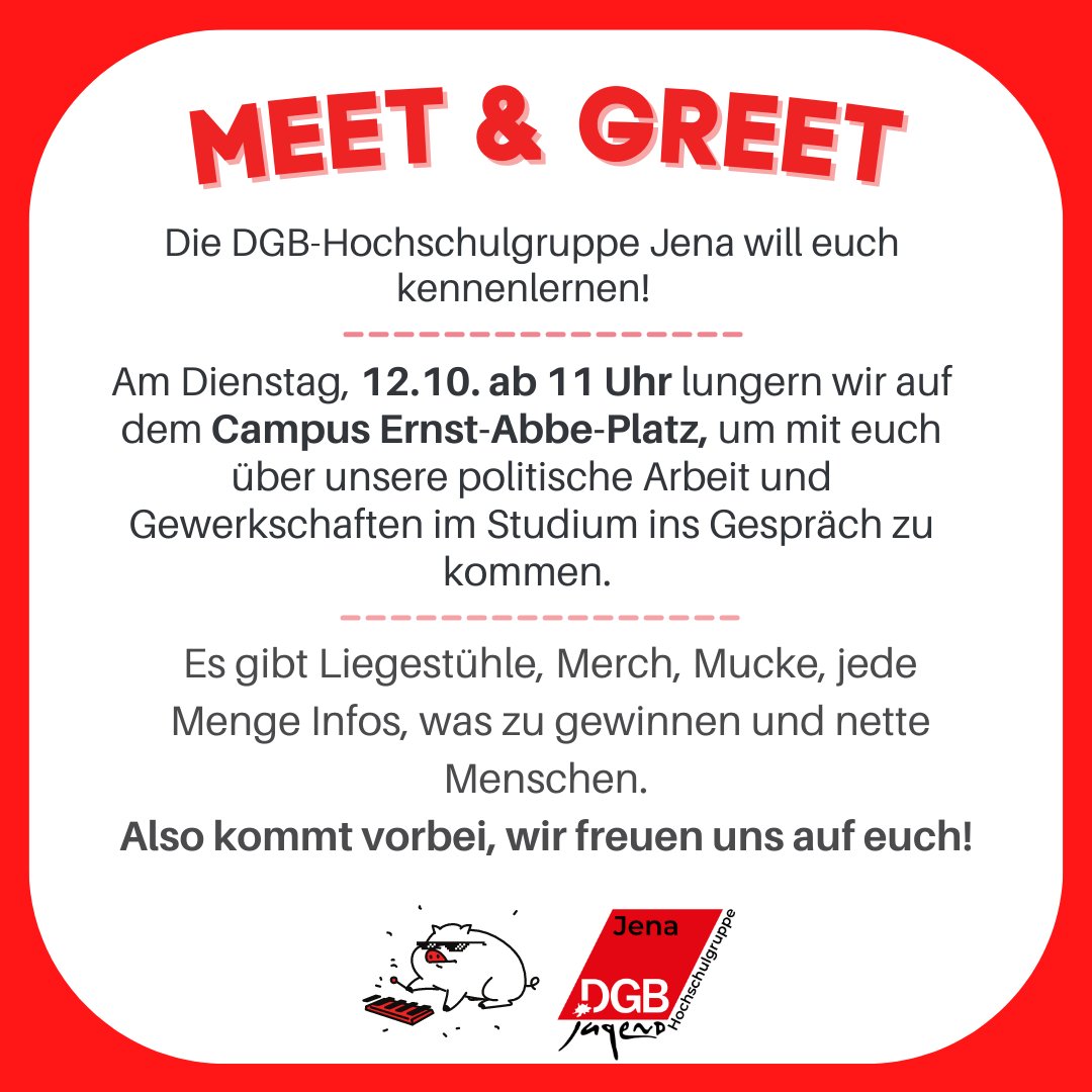 Morgen sind wir mit der DGB-Hochschulgruppe Jena ab 11 Uhr auf dem Campus der Friedrich-Schiller-Universität Jena (vor der Mensa).
Kommt morgen vorbei. Wir freuen uns auf euch! 
#dgb #dgbjugend #dgbstudis #studium #studihilfejetzt #studierende #unijena #eahjena #jena #wirfüreuch