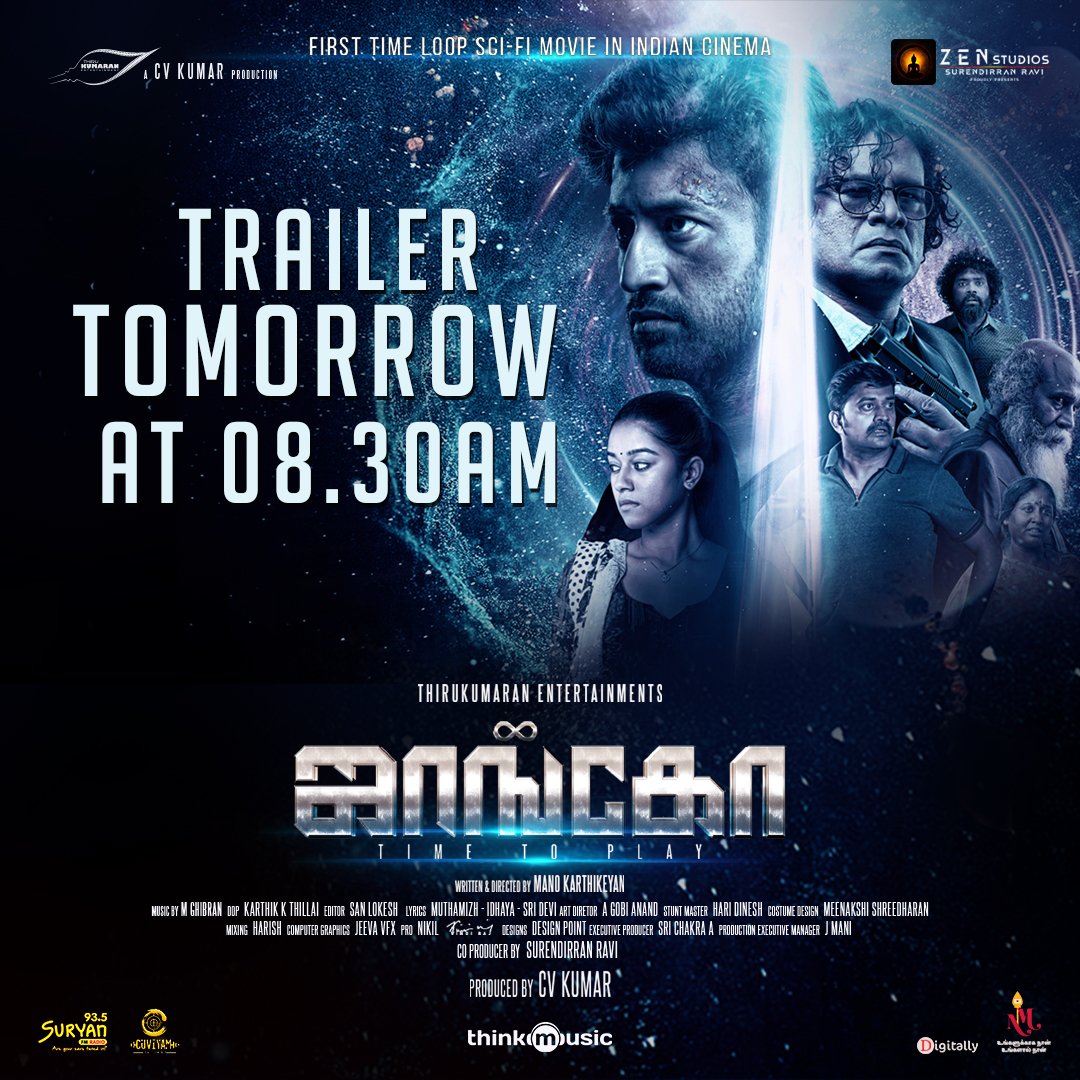 ZenstudiosOffl's tweet photo. India’s First Time Loop SCI-Fi Movie #Jango Trailer From Tomorrow at 08.30AM @thinkmusicindia

#JangoTrailer

A @icvkumar Production
A @GhibranOfficial Musical 

@ThirukumaranEnt @ZenstudiosOffl @SatheeshKumarac @mirnaliniravi @Manokarthik0005 @onlynikil @SuryanFm @digitallynow https://t.co/TW2QAqDlOx