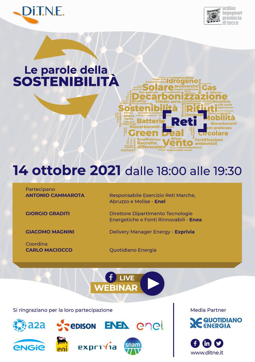 𝗥𝗘𝗧𝗜 𝗘𝗡𝗘𝗥𝗚𝗘𝗧𝗜𝗖𝗛𝗘

Un nuovo appuntamento con “LE #PAROLE DELLA #SOSTENIBILITÀ” con relatori di <a href="/edistribuzione/">e-distribuzione</a> <a href="/ENEAOfficial/">ENEA</a> @Exprivia_Italy 

📆 𝗚𝗶𝗼𝘃𝗲𝗱𝗶̀, 𝟭𝟰 𝗼𝘁𝘁𝗼𝗯𝗿𝗲 𝗵 𝟭𝟴

📣 Vi aspettiamo in diretta tinyurl.com/b2u5fps7!