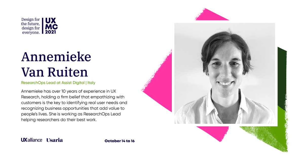 UXalliance's tweet photo. [UXMC] Meet Annemieke Van Ruiten, who along with Marine Debussche and Frederic Gaillard will talk about "Research Ops: Our learnings from the last 6 months" at the #UXMC2021

Tickets 👉https://t.co/0F9AyOCBYT 

#UXA #UXMC2 #Usaria #InclusiveDesign #ResearchOps #RemoteResearch https://t.co/b9UbU0H89B