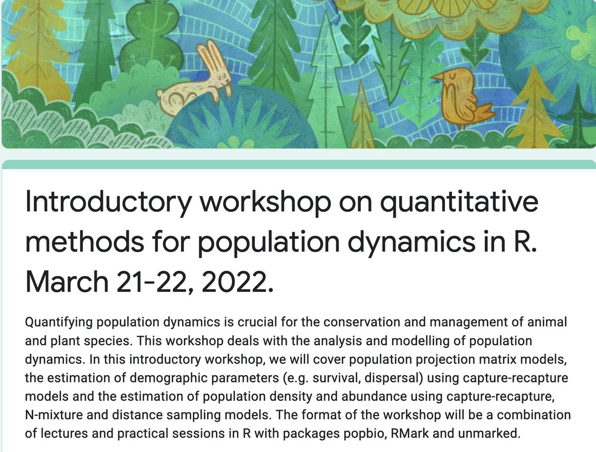 Olivier Gimenez π𦦠(@oaggimenez) on Twitter photo π’π Together with <a href="/SarahCubaynes/">sarah cubaynes</a> and @abesnardEPHE we will be giving a 2-day introductory workshop March 21-22 on quantitative methods for population dynamics in R #rstats Join us π₯³ It's online and free of charge π You just need to register forms.gle/HkSYYYm8MDkT96β¦ Please RT π π’π Together with <a href="/SarahCubaynes/">sarah cubaynes</a> and @abesnardEPHE we will be giving a 2-day introductory workshop March 21-22 on quantitative methods for population dynamics in R #rstats Join us π₯³ It's online and free of charge π You just need to register forms.gle/HkSYYYm8MDkT96β¦ Please RT π