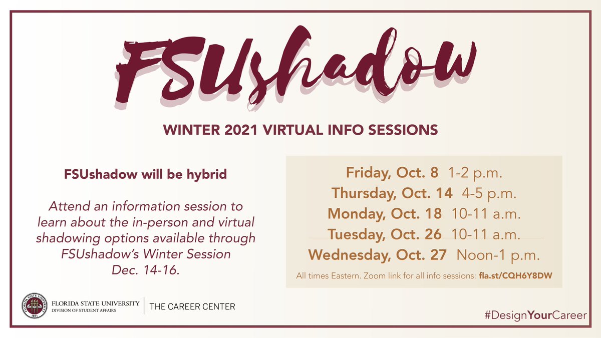 FSUCareerCenter's tweet photo. Interested in gaining hands-on experience in your career field of interest? Learn more about how you can shadow a professional by attending today's #FSUshadow info session!
Zoom ➡️ https://t.co/Vme20eKLP1 
#DesignYourCareer https://t.co/KixKYZL41w