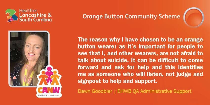 TeamCANW's tweet image. Many of TeamCANW have undergone extensive suicide prevention training on #OrangeButtonCommunity scheme with @HealthierLSC 🤝
￼
🟠 wearers can signpost you to info or support services; helping to create a supportive, stigma free, suicide aware community
#WorldMentalHealthDay￼