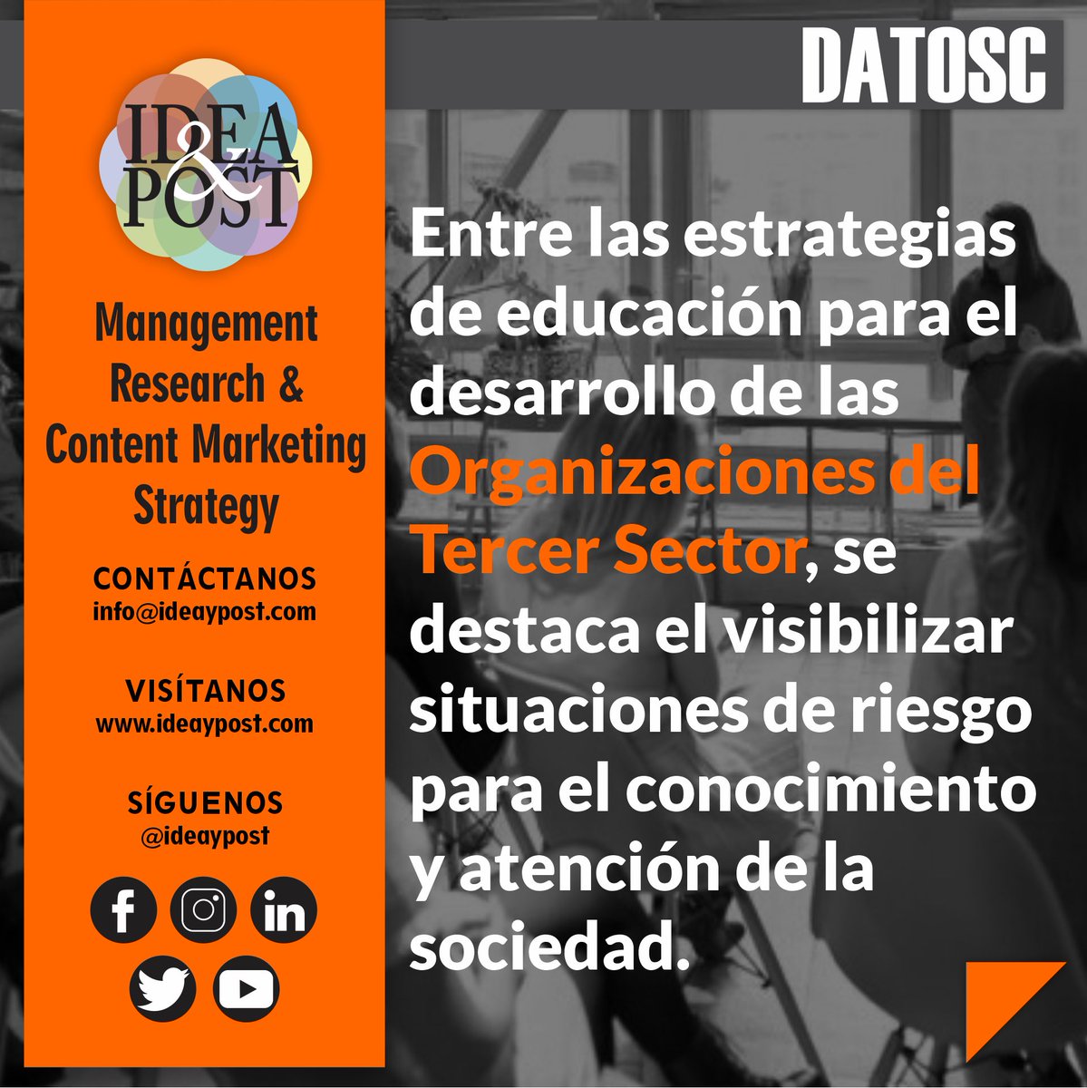 ideaypost's tweet image. Las organizaciones del tercer sector realizan un especial esfuerzo en informar a la sociedad sobre las situaciones de riesgo.

Síguenosp en #ideaypost o visita nuestro #blog en ideaypost.com y conoce más #datosc sobre el Tercer Sector.

#tercersector #ong #osc #ods