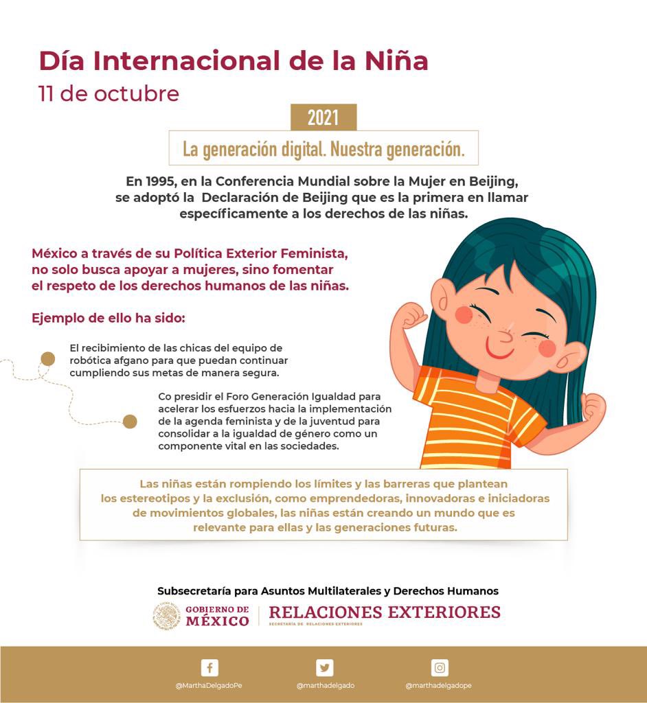 Hoy es el #DíaInternacionalDeLaNiña y desde la <a href="/SRE_mx/">Relaciones Exteriores</a> trabajamos con nuestra #PolíticaExteriorFeminista para promover el respeto de sus Derechos Humanos y fomentar más y espacios seguros en un mundo mejor para nuestras niñas.