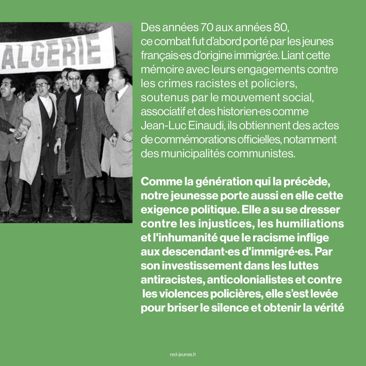 60 ans après le massacre du 17 Octobre 1961, retrouvons-nous le 17 Octobre à 12h sur le Pont Saint-Michel à Paris. 

Refusons l’oubli et exigeons la reconnaissance officielle de tous les crimes coloniaux.
Gagnons, la liberté de recherche et d’accès aux archives ✊