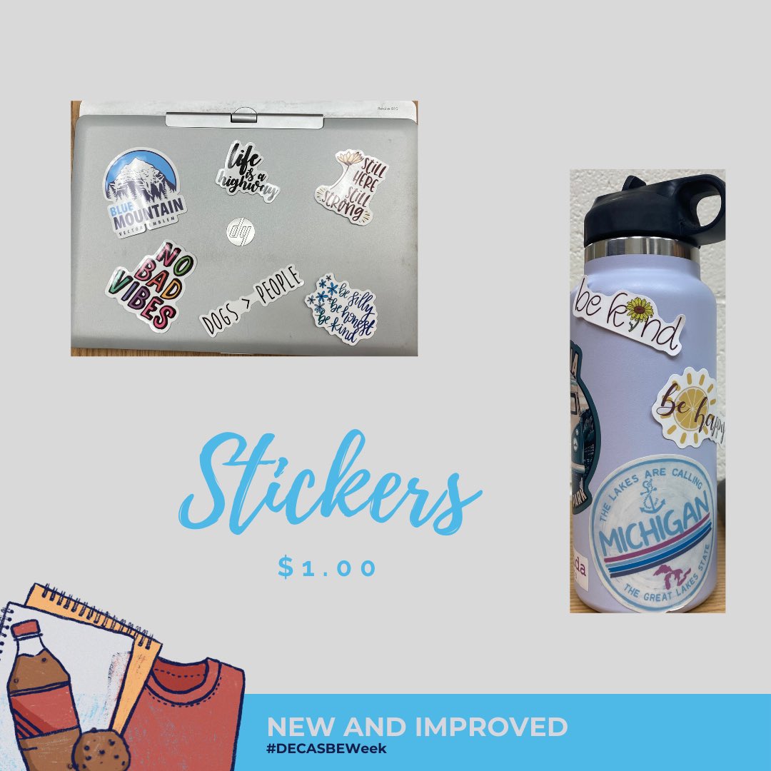 ccwkhs's tweet image. Day one of #DECASBEWeek features our new stickers perfect for your laptop or water bottle now available in Captains Corner!!  @DECAInc