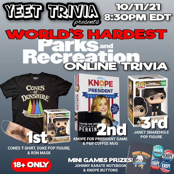 YeetTrivia's tweet photo. PARKS AND REC VIRTUAL TRIVIA TONIGHT!!! https://t.co/9gaLo907NE