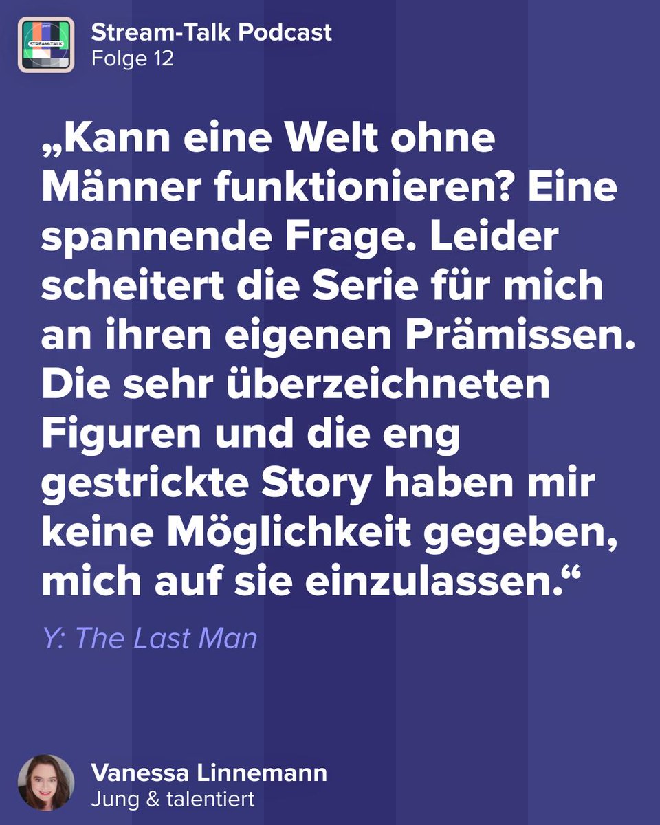 Empfehlung's tweet photo. Frauen an die Macht!? In „Y:The Last Man“ sterben alle männlichen Lebewesen - bis auf einen.
Ob dieses dystopische Szenario Spaß macht anzuschauen? Wir sind da ganz unterschiedlicher Meinung.
JETZT reinhören in die neue Folge #streamtalk #new #podcast #YTheLastMan #DisneyPlus https://t.co/59ZNgBfA6E