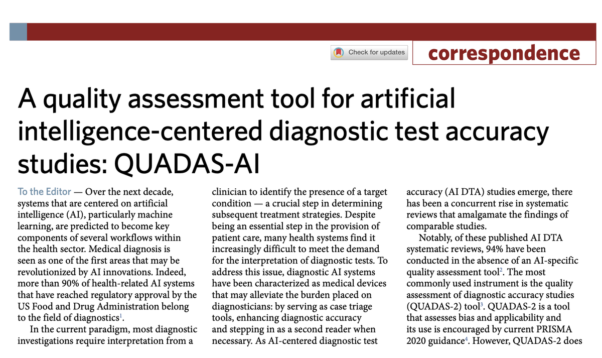 Gary Collins (@gscollins) on Twitter photo Announcing a new initiative in <a href="/NatureMedicine/">Nature Medicine</a> to develop a quality assessment tool for #ArtificialIntelligence-centered diagnostic test accuracy studies: QUADAS-AI
=> tinyurl.com/vk3haae8 Announcing a new initiative in <a href="/NatureMedicine/">Nature Medicine</a> to develop a quality assessment tool for #ArtificialIntelligence-centered diagnostic test accuracy studies: QUADAS-AI
=> tinyurl.com/vk3haae8