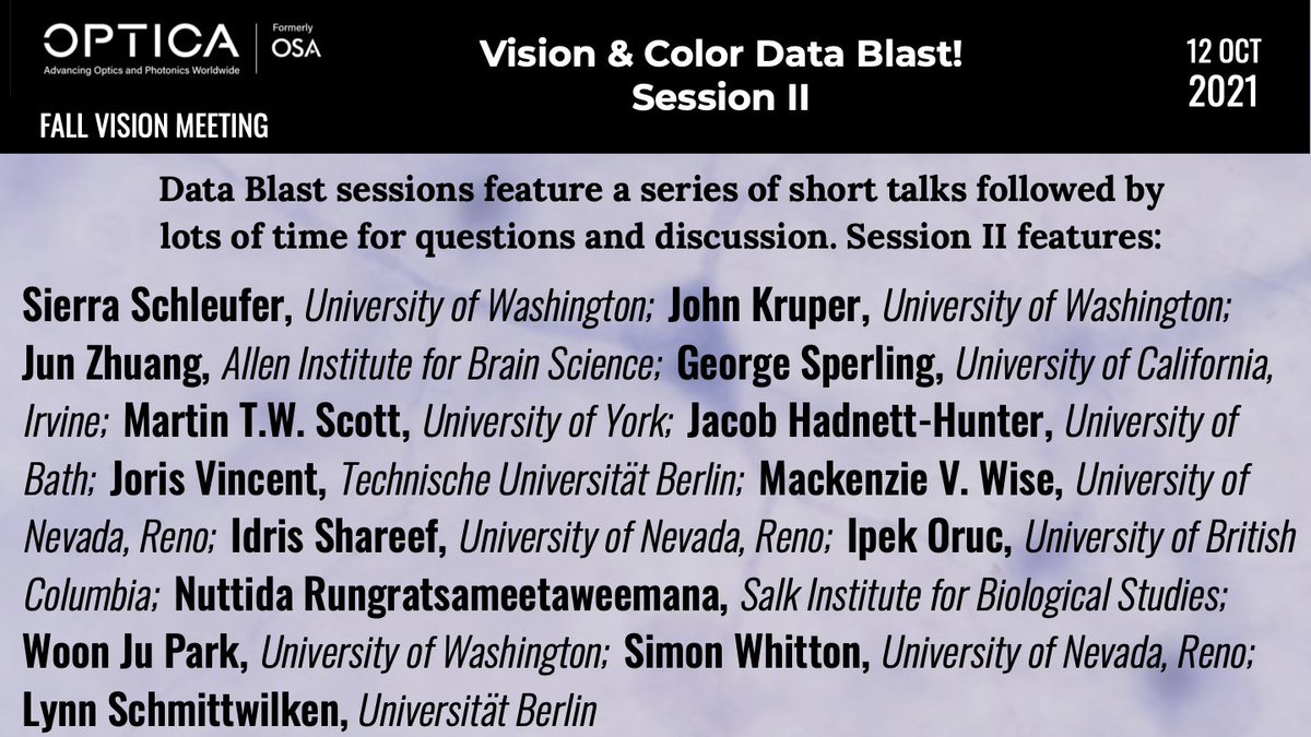 Join us Oct 12 for our second Vision and Color Data Blast! We have another line-up of great speakers from 12:30-2:30 PM ET. For abstracts &amp; to register: osafallvisionmeeting.org/program-overvi…
