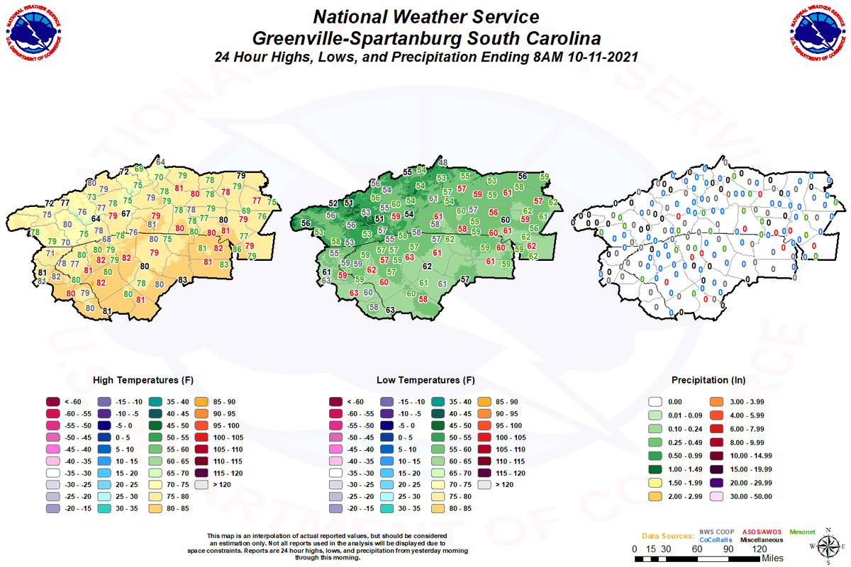 NWSGSP's tweet photo. Observed 24-hour Highs, Lows, and precip ending at 7:00 this morning #ncwx #scwx #gawx https://t.co/WCJxGXqTs2