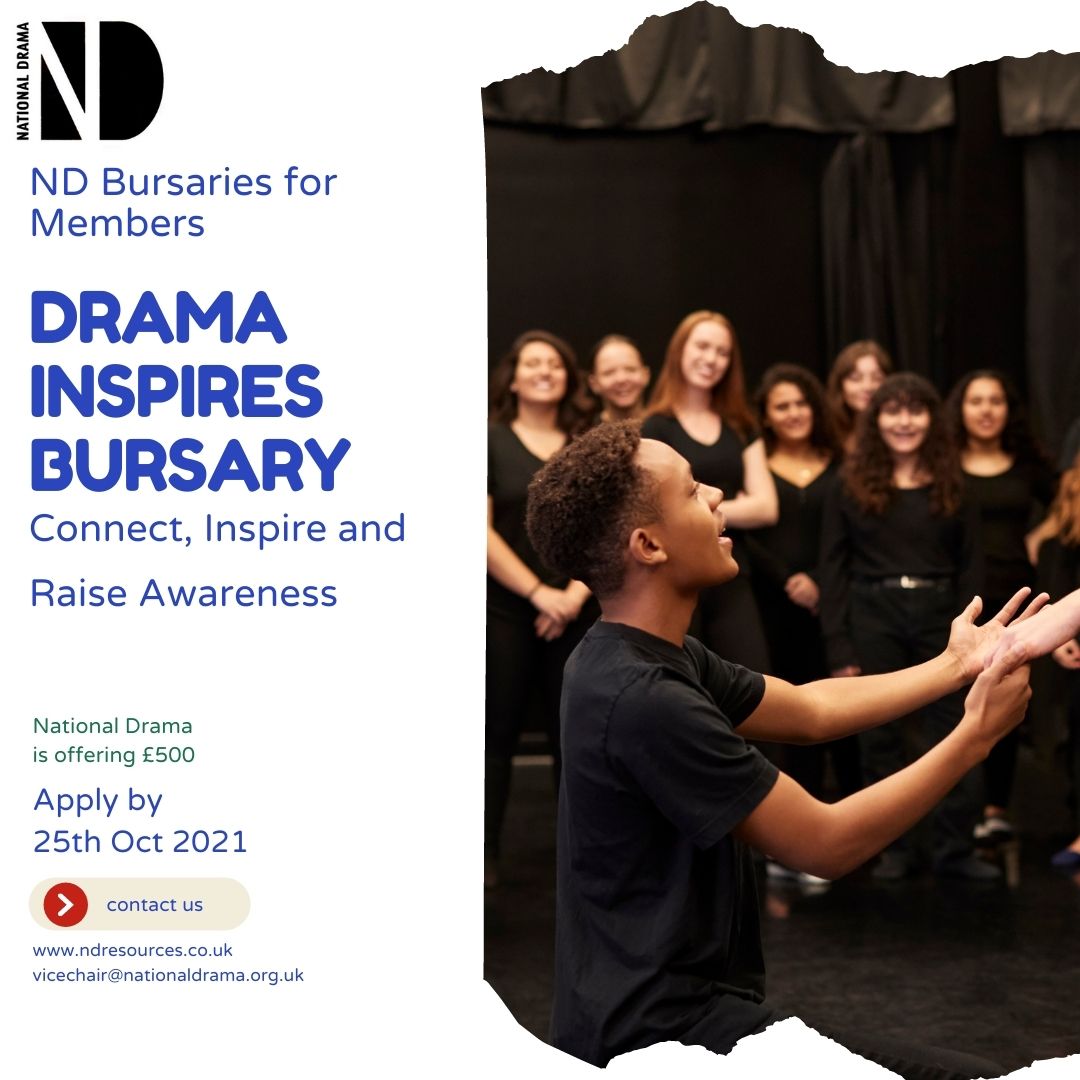 TWO WEEK REMINDER: #NDBursaries for #NDMembers: Make a Difference and Develop Your Practice. Have YOU got an idea for a creative exciting drama; theatre, education or research project in 2022? We have two bursaries available to members. Apply by Monday 25th October.