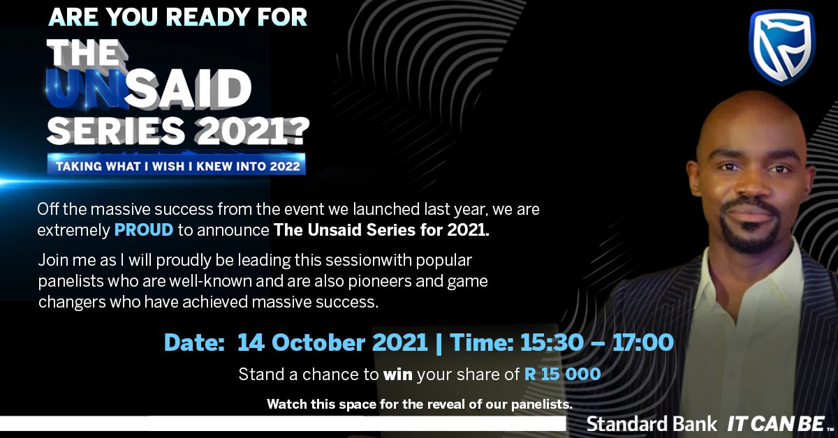 lelo_mbeka's tweet photo. I am so excited to get some great insights from cherrypicked pioneers and trailblazers at the Standard bank Unsaid Series.Register now and stand a chance to win ! Get your spot at: https://t.co/pmz5hZ7Wx0
Referred by:Lelona Mbeka
#WhatIwishIknew 
#ItCanBe 
@standardbankZA https://t.co/o9Sh7ueUkf