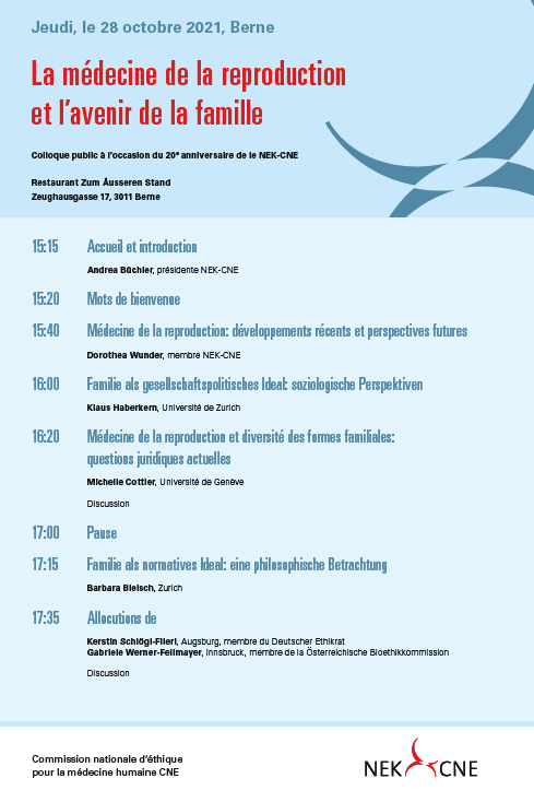 nekcne's tweet photo. La CNE a 20 ans: colloque public "La médecine de la reproduction et l'avenir de la famille" le jeudi, 28 octobre 2021 à Berne (15.15 à 19.30, suivi d'un apéro). Entre autres avec @CottierMichelle, @BarbaraBleisch, @KatjaChrist, @LilianStuder.
➡️ programme: https://t.co/WJ9cmmQIa1 https://t.co/UtBPo8ykWQ