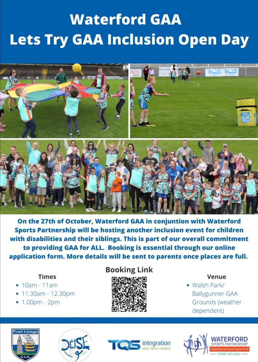 Waterford GAA <a href="/WaterfordGAACG/">Déise Óg Waterford</a> in conjunction with <a href="/WaterfordLSP/">Waterford Sports Partnership</a> are delighted to announce another event to promote inclusion in all our games.

This will take place on the 27th of October.

Booking is essential.