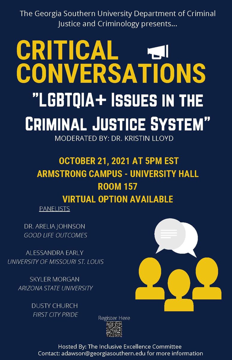 Join us for this session of Critical Conversations hosted by the Criminal Justice and Criminology Department Inclusive Excellence Committee!
.
Contact Dr. Akiv Dawson at ADawson@georgiasouthern.edu for more information.
.
#criticalconversations #eagles