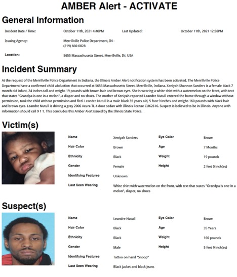 ISPAlerting's tweet image. An AMBER Alert has been issued on behalf of the Merrillville, IN PD.  The suspect is believed to be in Illinois.  Anybody with information is asked to contact 911