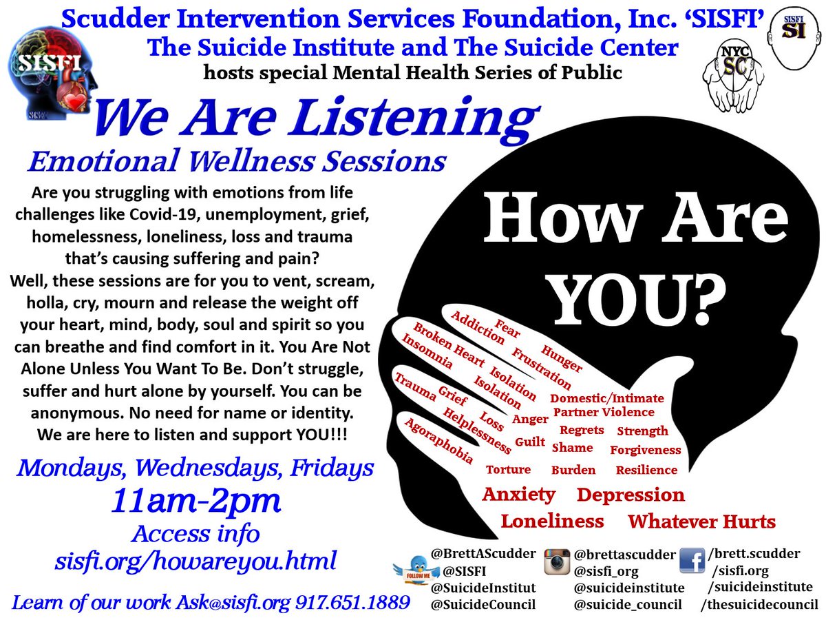 Greetings Prime Minister <a href="/BorisJohnson/">Boris Johnson</a>, <a href="/DHSCgovuk/">Department of Health and Social Care</a> <a href="/NHSuk/">NHS</a> <a href="/NHSEnglandLDN/">NHS London</a> how are you?
Is there oversight for #MentalHealth services for people with #suicide ideation/attempts?
Concerned for residents in our "We Are Listening" #EmotionalWellness Sessions <a href="/SISFI/">Scudder Intervention Services Foundation Inc SISFI</a> #TheSuicideNetwork