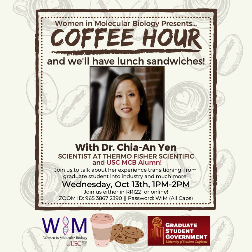 Join WiM this Wednesday Oct 13th 1-2 PM in RRI 221 for our first Coffee Hour of the semester! WiM will be hosting Dr. Chia-An Yen, an MCB alumni, to discuss her experience transitioning from grad school to industry. We hope to see you all there!