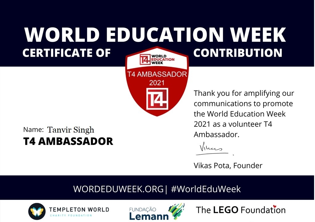 Thanks T4 Squad for recognising as T4 Ambassador for amplifying voice of World Education Week 2021.

#T4 #WorldEduWeek <a href="/VikasPota/">Vikas Pota</a>