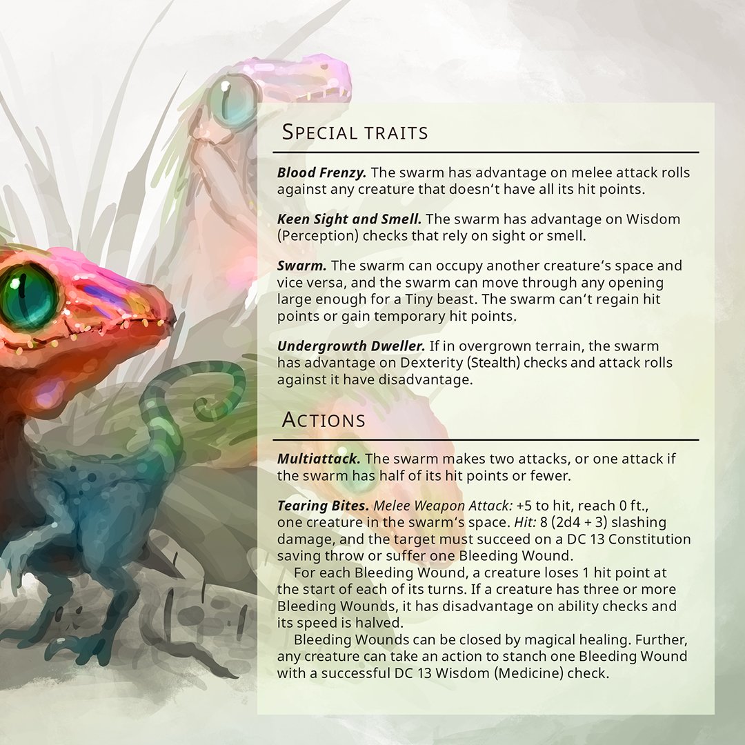 Jungle Chompers - Medium swarm of Tiny beasts, unaligned

Sneaking through steamy forests, this beast preys upon any creature that crosses its path – be it as small as a lizard or as large as a full-grown gorilla. Made in collab with the awesome <a href="/EightfoldPaper/">Eightfold Paper</a> ♥️

#ttrpg #DnD